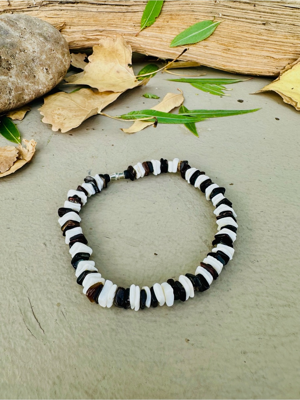 Black and white puka shell anklet